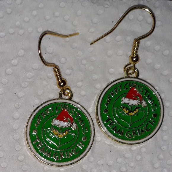 Grinch Dangle Earrings "Team Grinch" Disc style NEW - Picture 3 of 4
